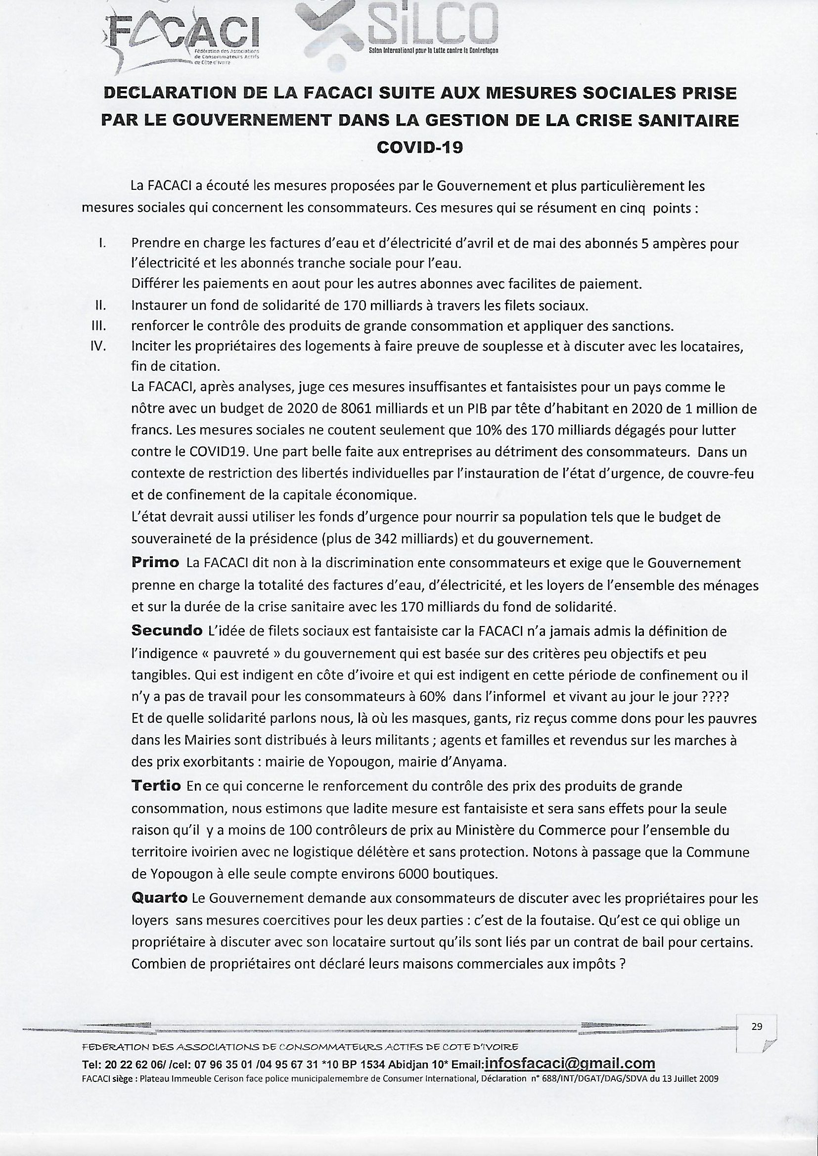 Coronavirus:  Pour la FACACI les mesures prises sont “insuffisantes” et “fantaisistes”